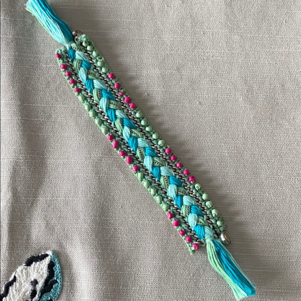 Teal & Green woven bracelet with pink beads